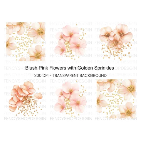 Blush Flowers Gold Glitter Clipart Bundle