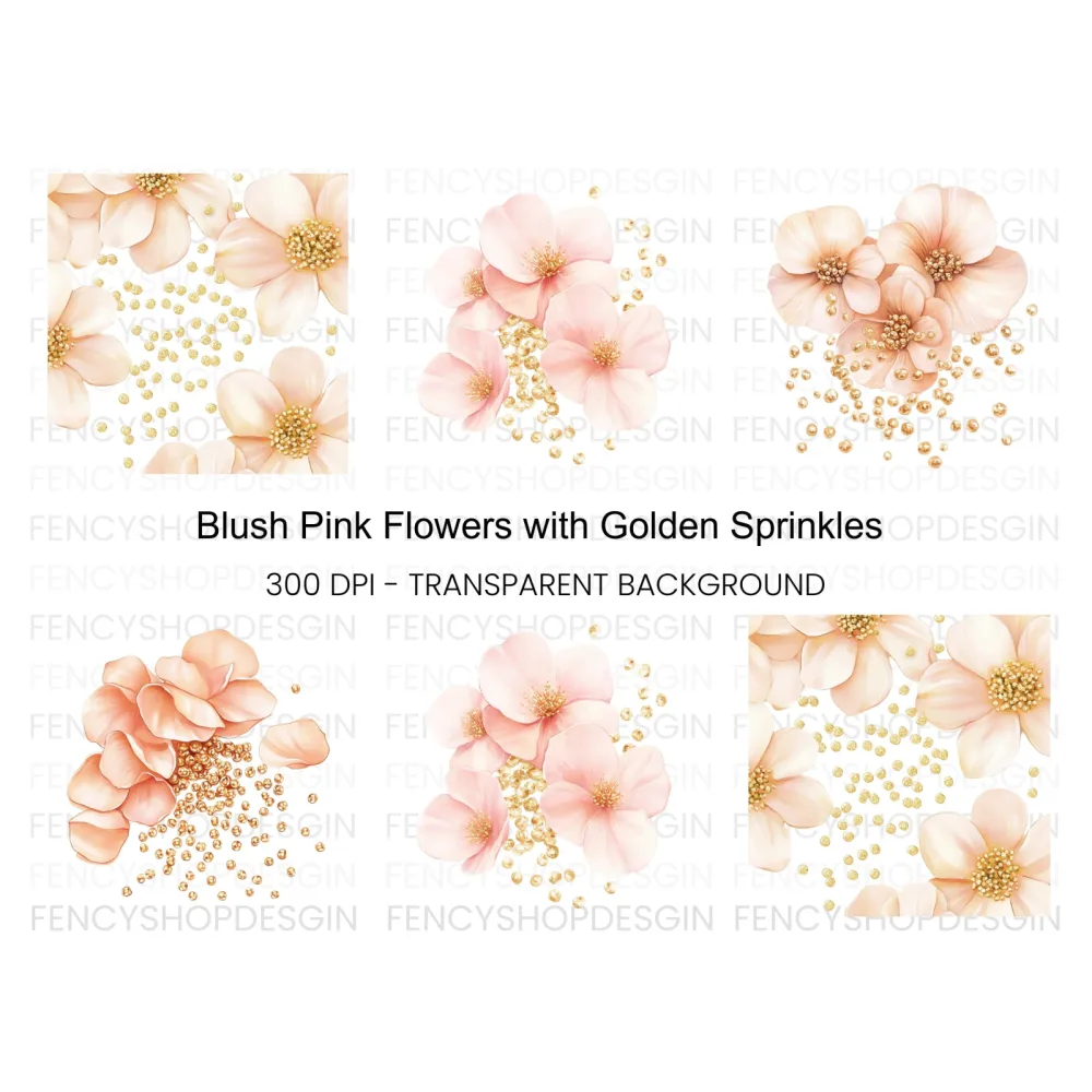 Blush Flowers Gold Glitter Clipart Bundle