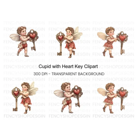 Cute Cherubs with Heart Keys Clipart Bundle