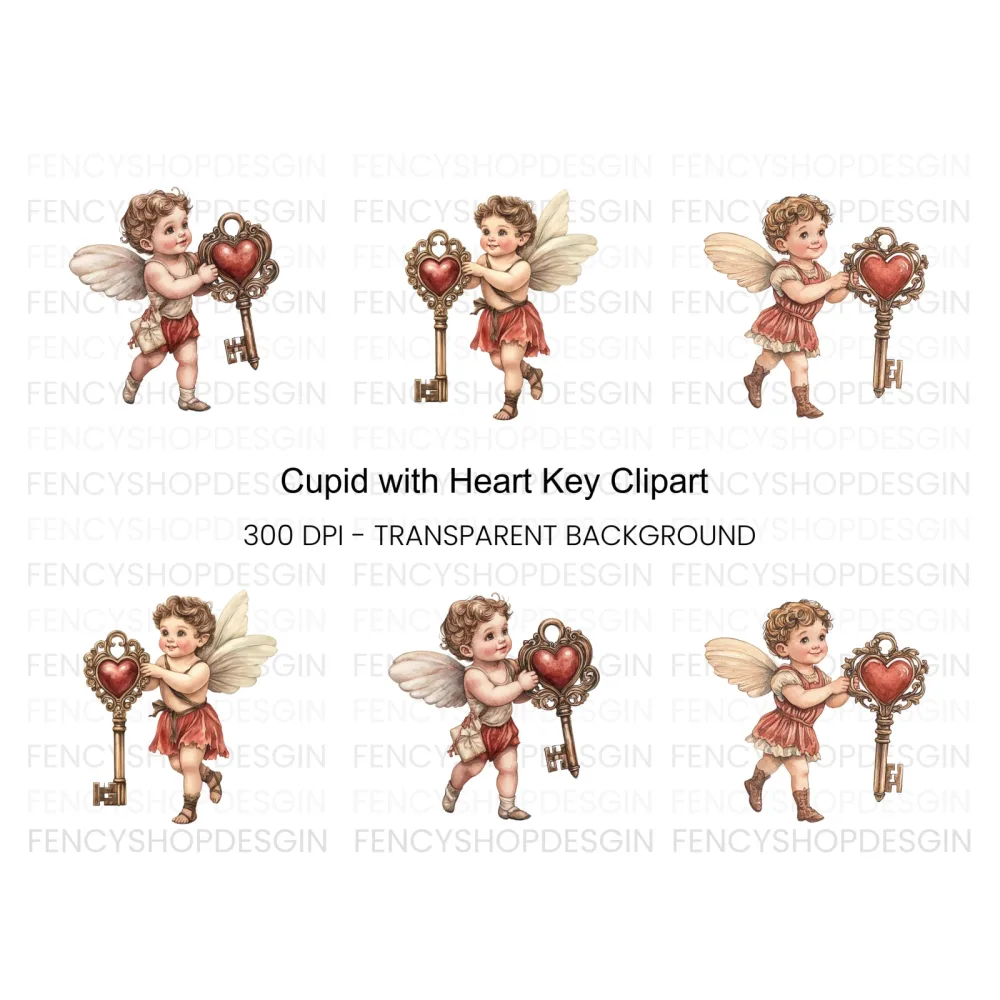 Cute Cherubs with Heart Keys Clipart Bundle