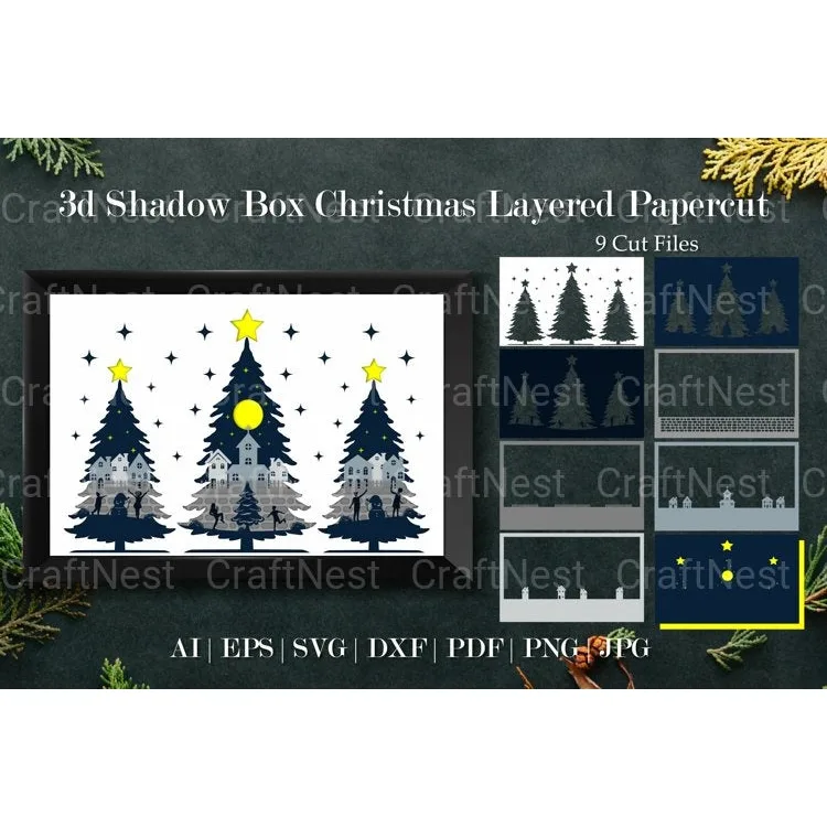 Shadow Box Christmas Scene Layered Papercut SVG