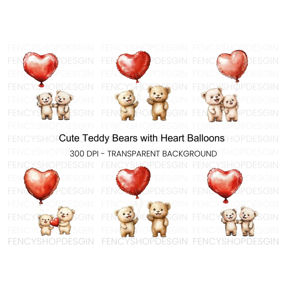 Cute Teddy Bears with Heart Balloons Clipart Bundle