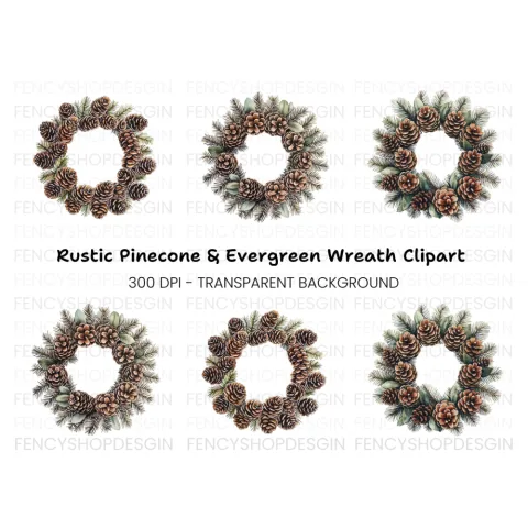 Rustic Pinecone Leaf Wreath Clipart Bundle