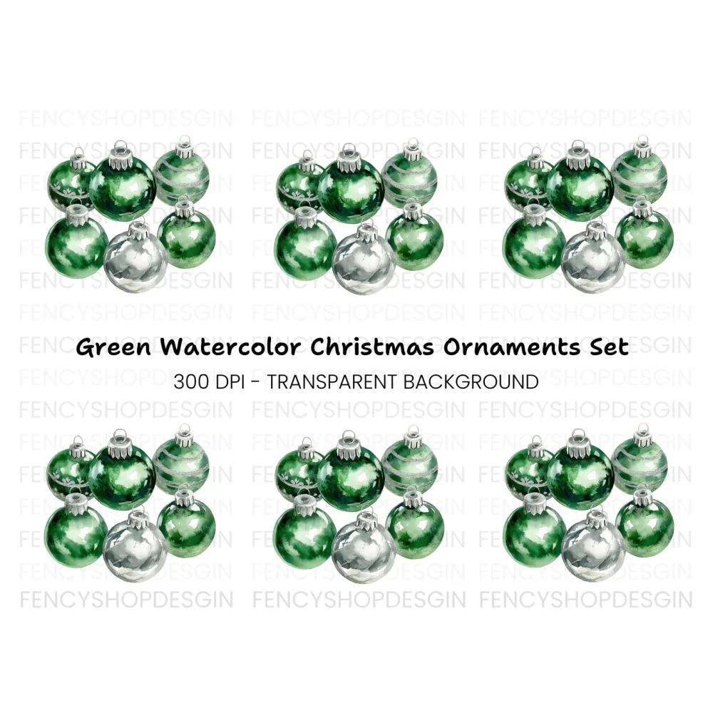 Green and Silver Christmas Baubles Clipart Bundle
