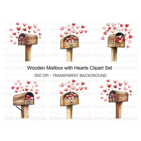 Wooden Mailbox with Falling Hearts Clipart Bundle