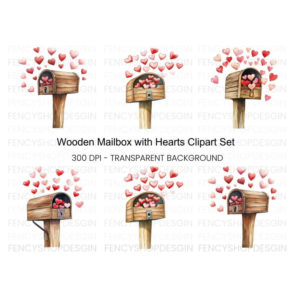 Wooden Mailbox with Falling Hearts Clipart Bundle
