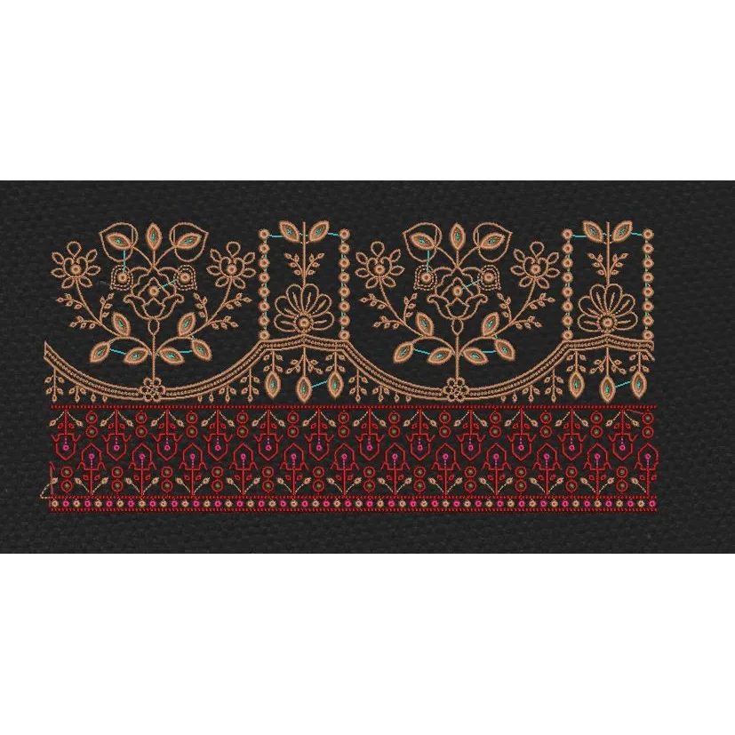 Floral Vine Double Border Black & Copper Red Embroidery Design