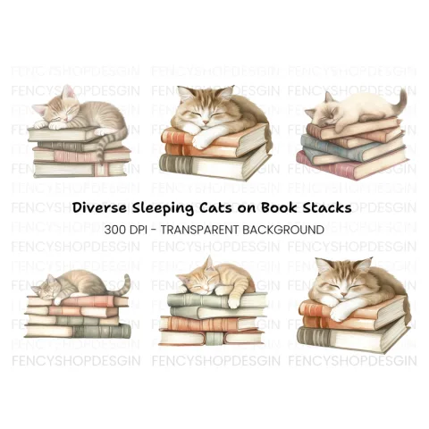 Cute Kittens Napping on Book Stacks Clipart Bundle
