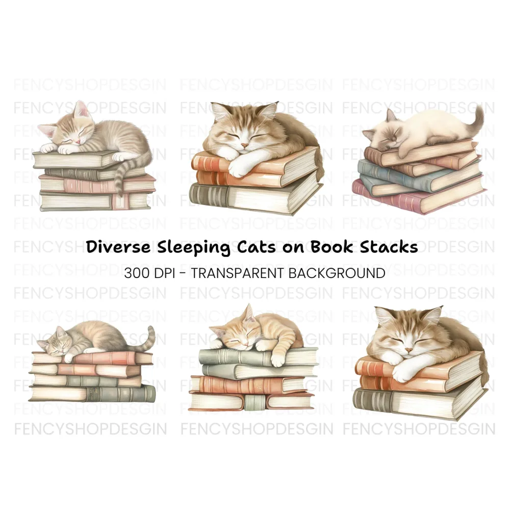 Cute Kittens Napping on Book Stacks Clipart Bundle