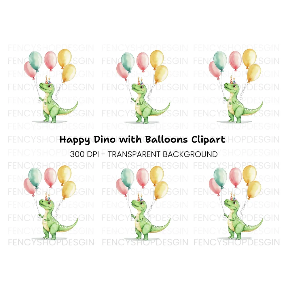 Cute Dinosaur Birthday Balloons Clipart Bundle