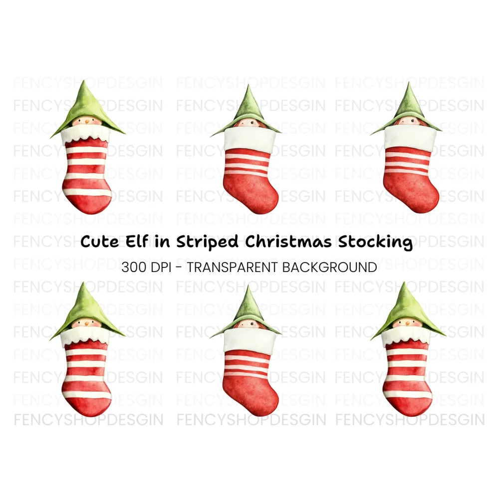 Cute Christmas Elf Peeking from Stocking Clipart Bundle