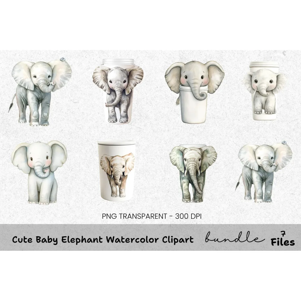 Cute Baby Elephant Clipart Bundle