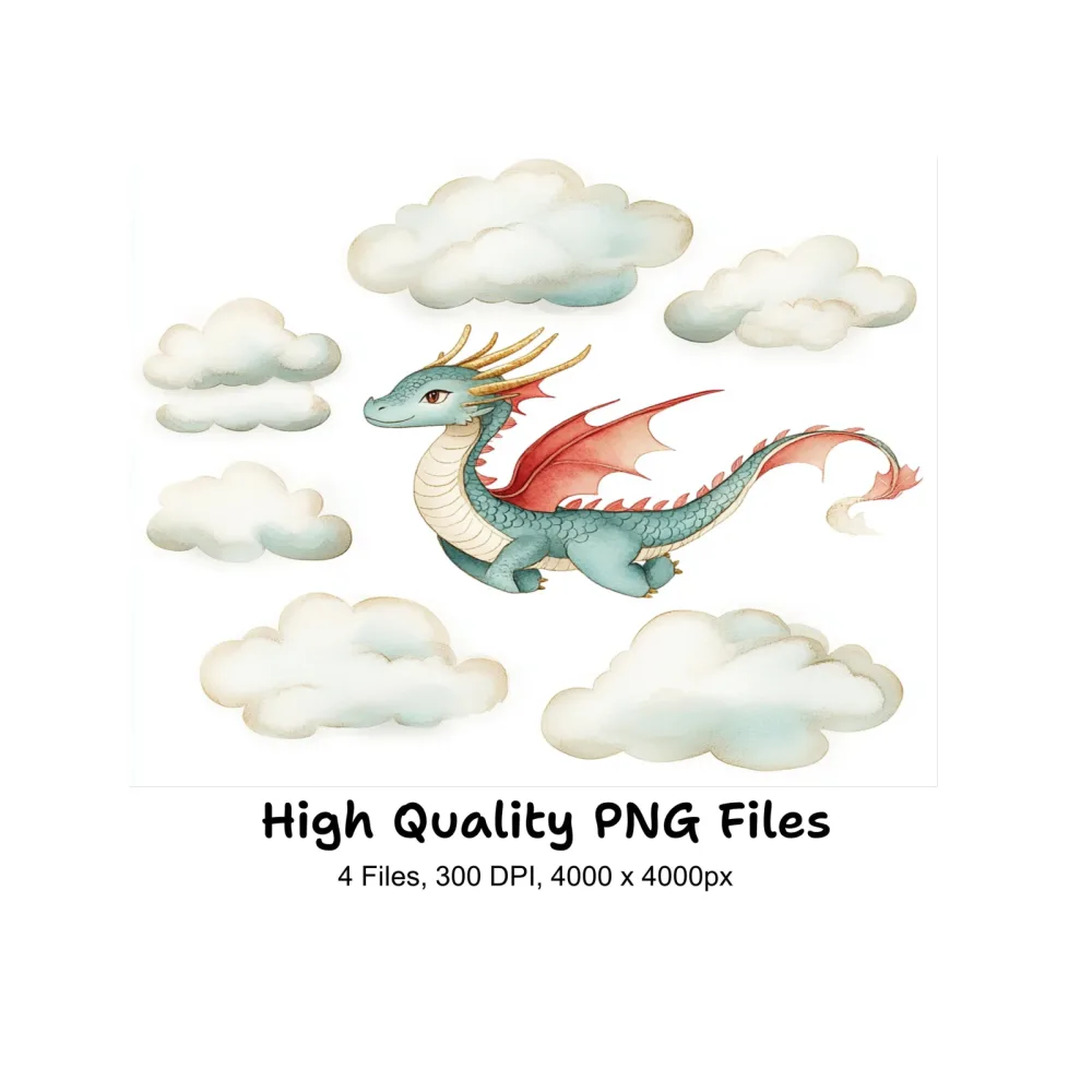 Flying Dragon and Clouds Clipart Bundle
