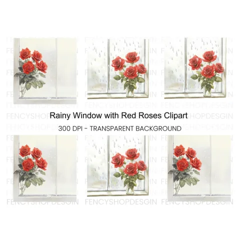 Red Roses by Rainy Window Clipart Bundle