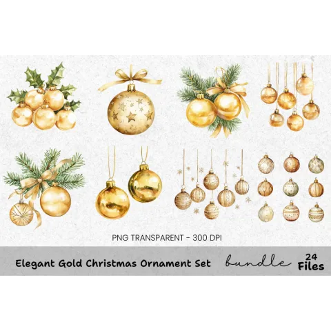 Golden Christmas Ornaments Holly Clipart Bundle