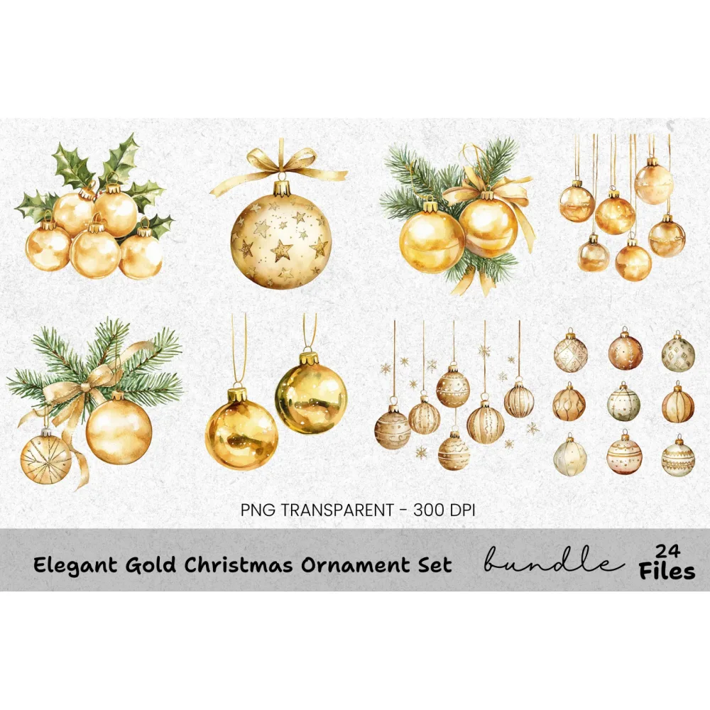 Golden Christmas Ornaments Holly Clipart Bundle