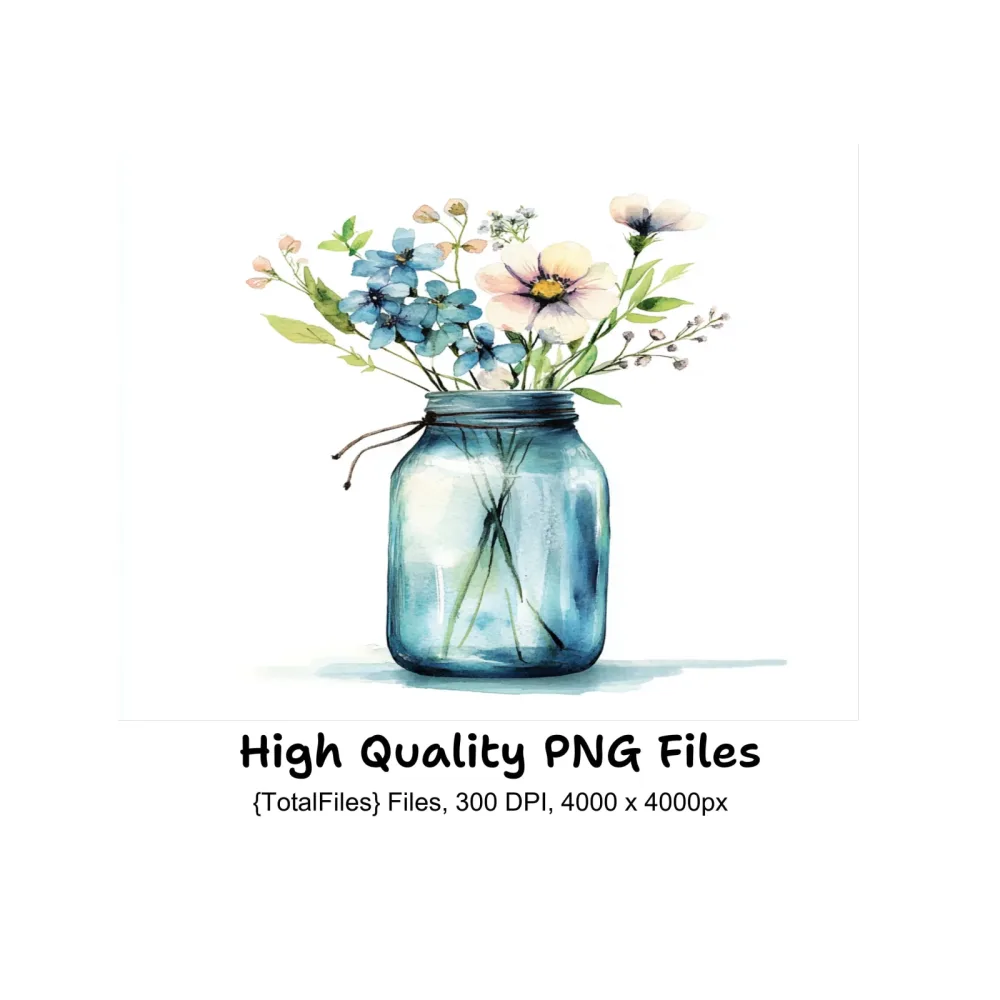 Blue and White Floral Mason Jar Clipart Bundle