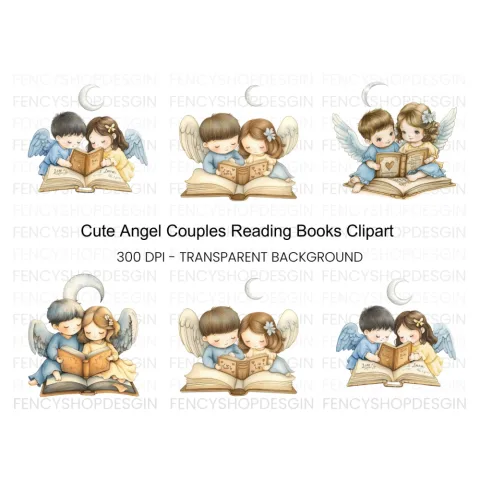 Cute Angel Couples Reading Clipart Bundle