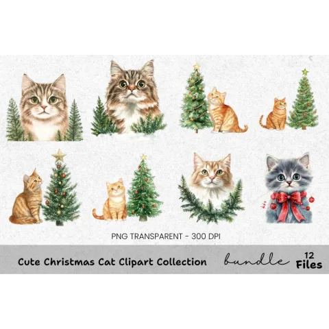 Cute Christmas Cat Clipart Bundle