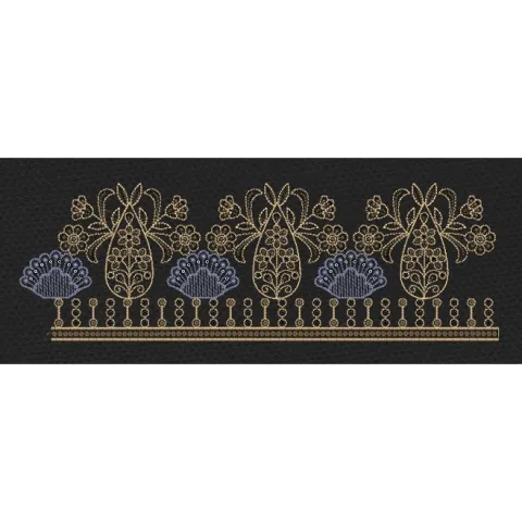 Black Gold Tulip Peacock Hem Border Black Gold & Slate Blue Embroidery Design