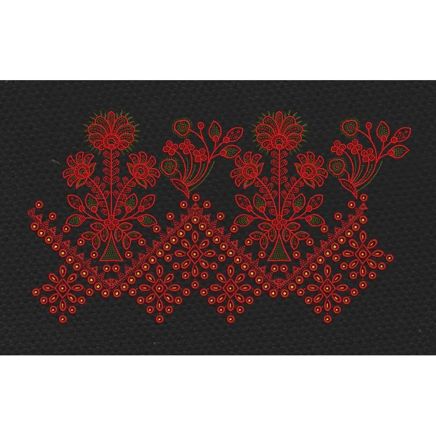 Black Crimson Wildflower Bouquet Hem Border Black & Deep Red Embroidery Design