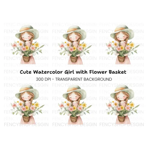 Cute Girl with Flower Pot Clipart Bundle