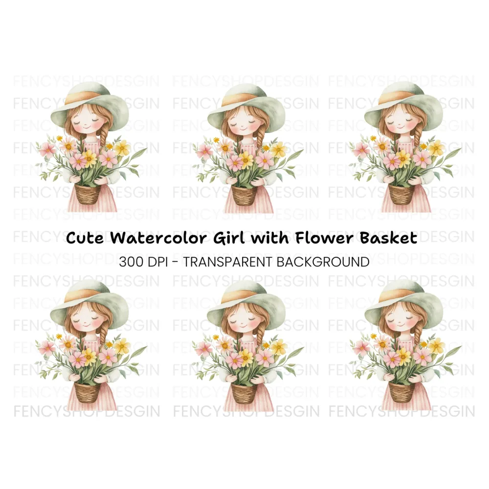 Cute Girl with Flower Pot Clipart Bundle