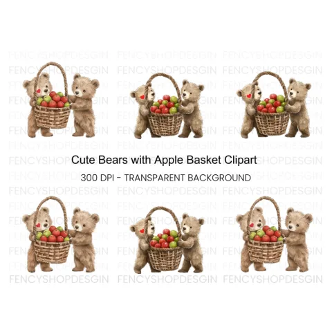 Cute Bear Friends with Apple Basket Clipart Bundle