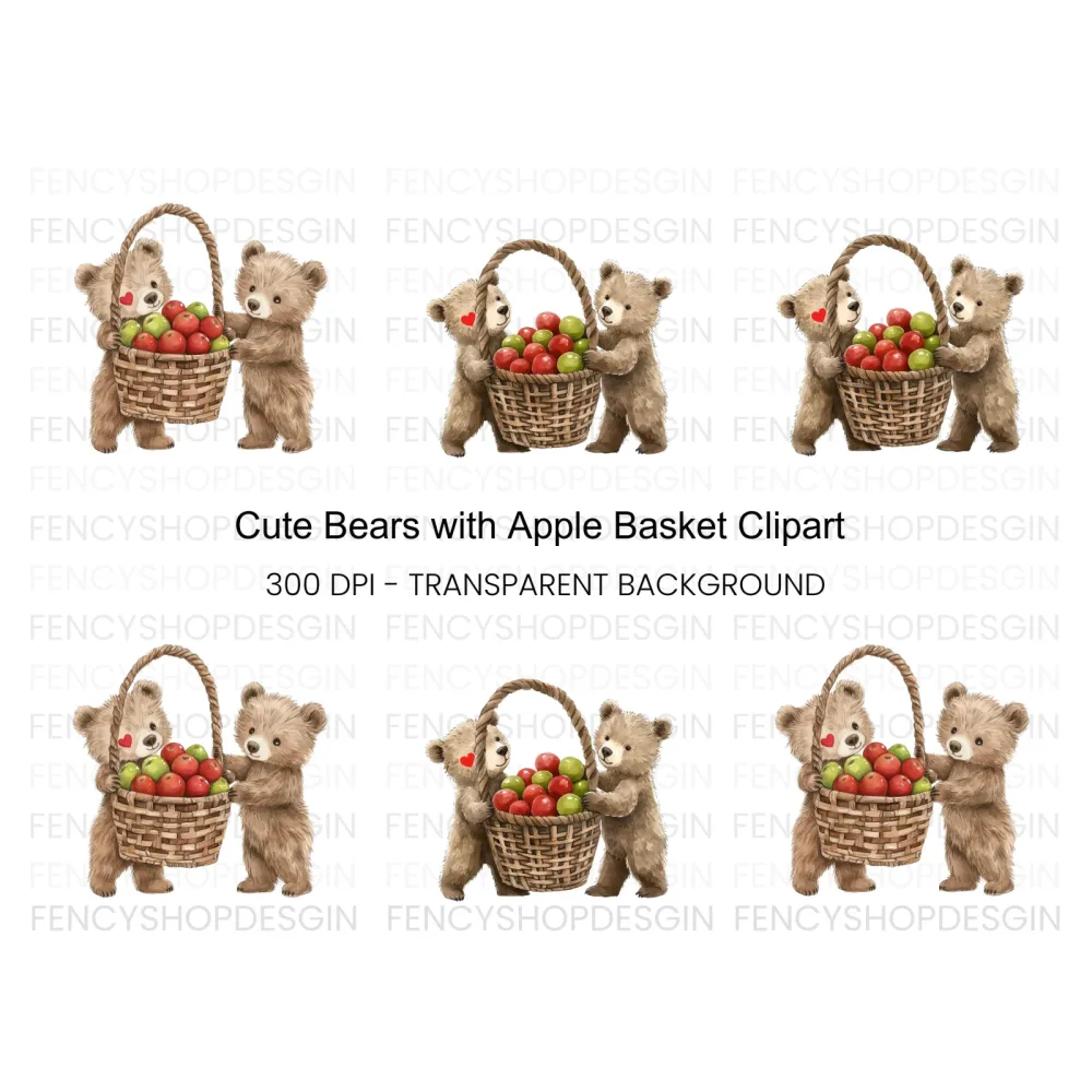 Cute Bear Friends with Apple Basket Clipart Bundle