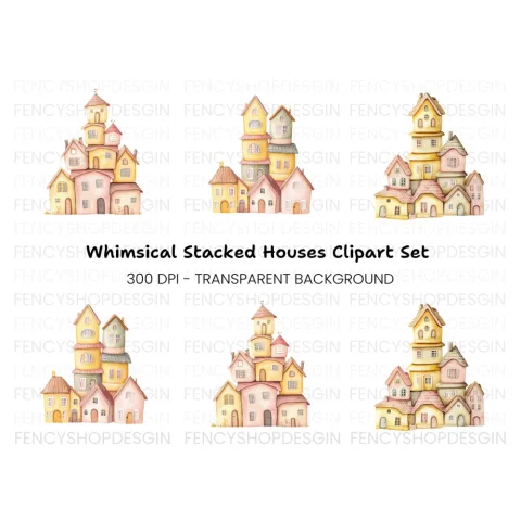 Whimsical Stacked Houses Clipart Bundle