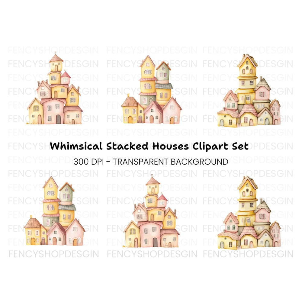 Whimsical Stacked Houses Clipart Bundle