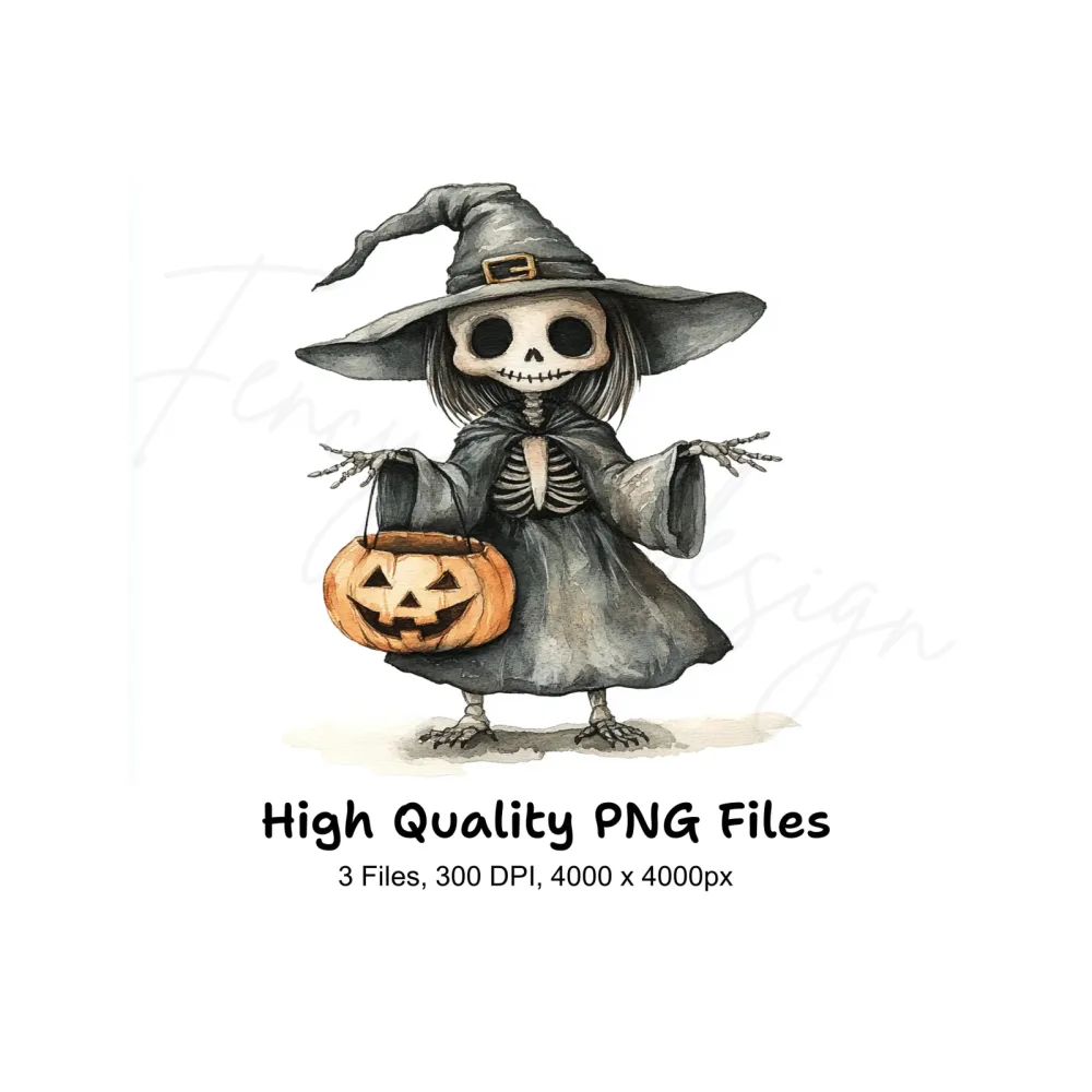 Cute Skeleton Witch Halloween Clipart Bundle