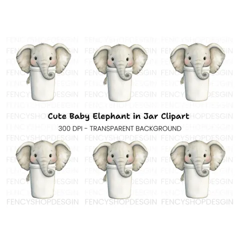 Cute Baby Elephant in Coffee Cup Clipart Bundle