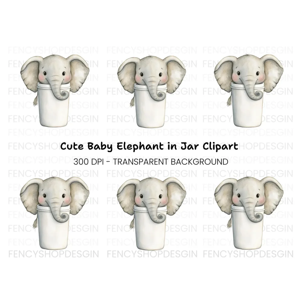 Cute Baby Elephant in Coffee Cup Clipart Bundle