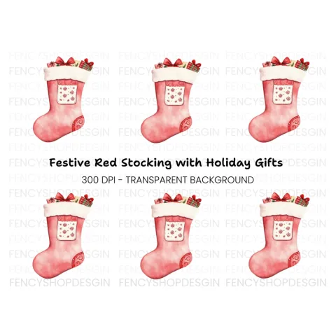 Red Christmas Stocking with Presents Clipart Bundle