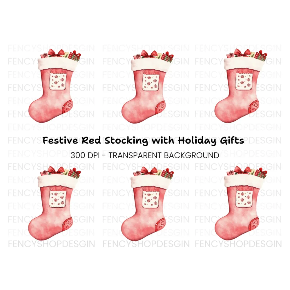 Red Christmas Stocking with Presents Clipart Bundle