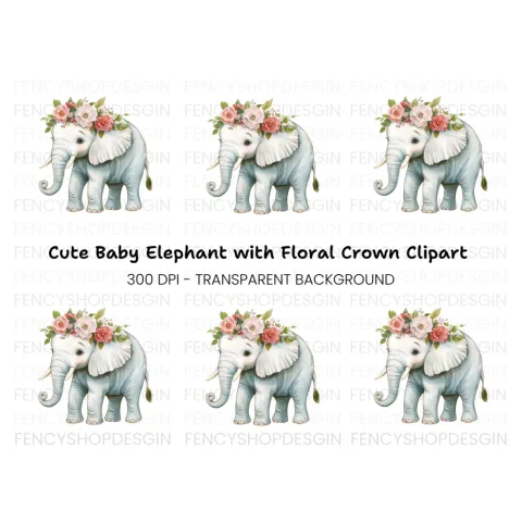 Cute Elephant with Flower Crown Clipart Bundle