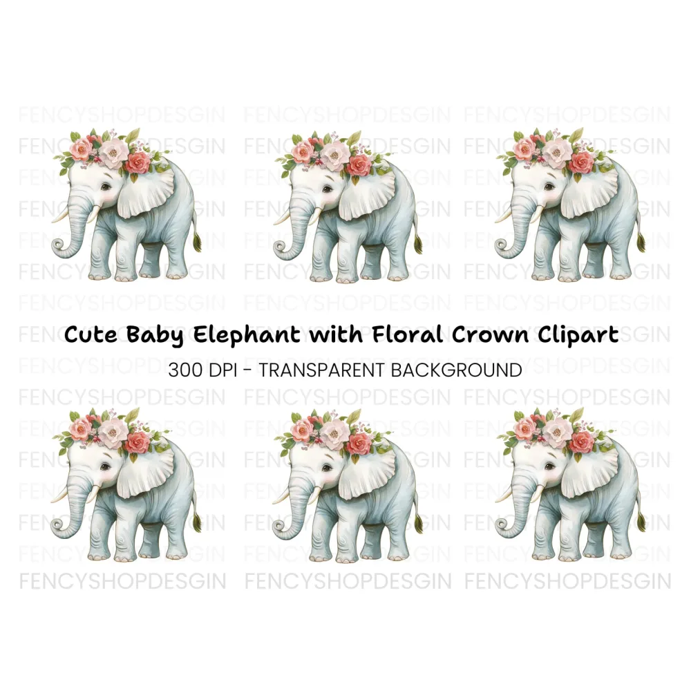 Cute Elephant with Flower Crown Clipart Bundle
