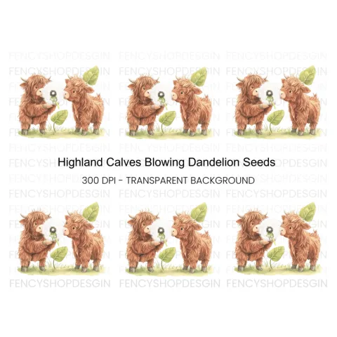 Highland Calf Blowing Dandelion Clipart Bundle
