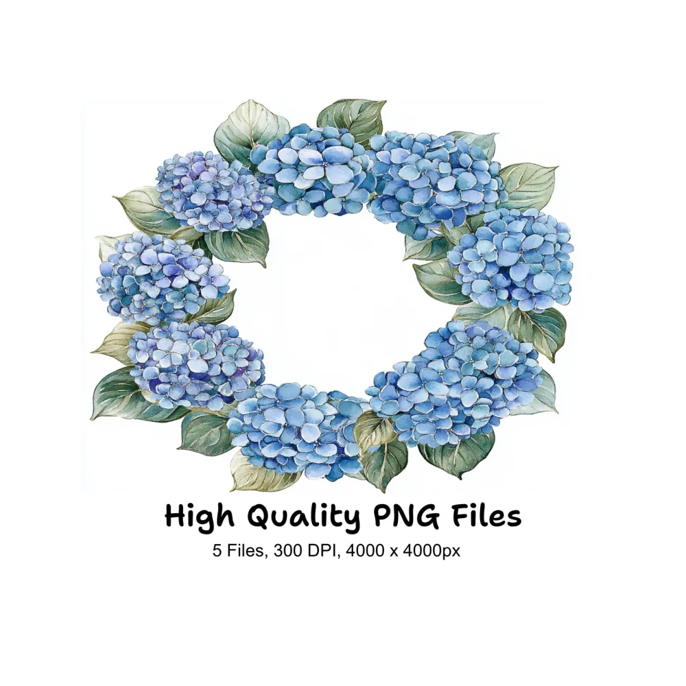 Blue Hydrangea Wreath Clipart Bundle