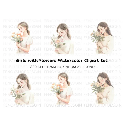 Girls Holding Flowers Clipart Bundle