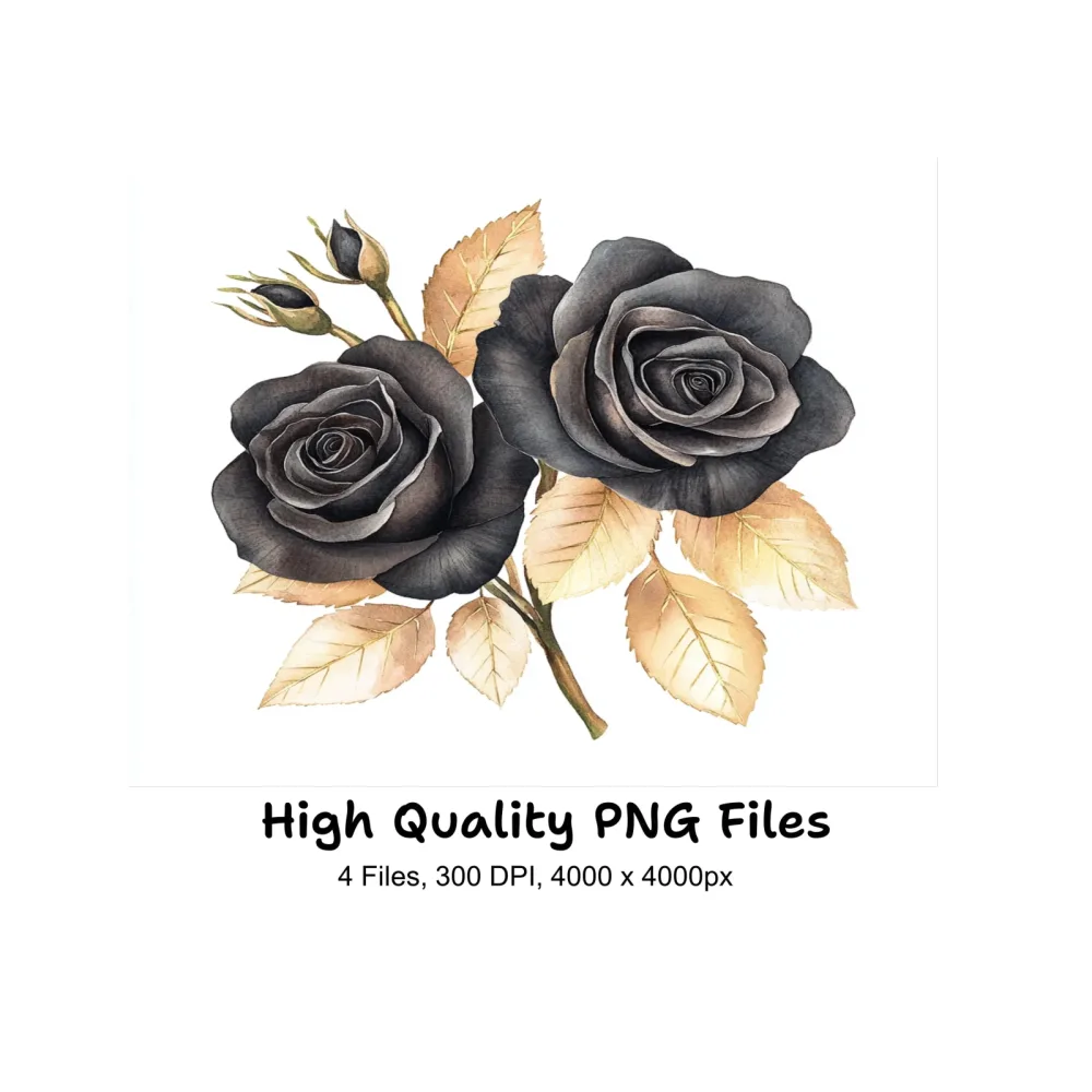 Elegant Black Roses with Gold Leaves Clipart Bundle