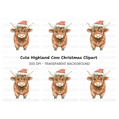 Highland Cow Christmas Hat Clipart Bundle