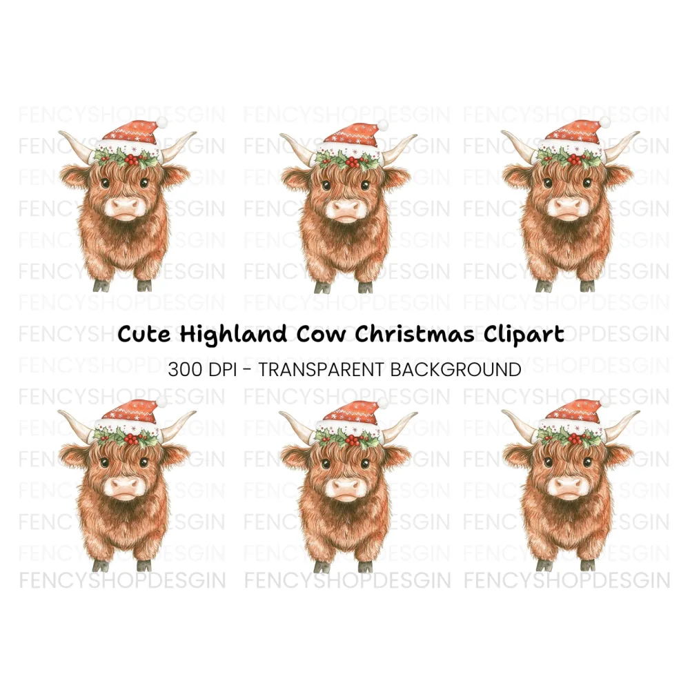 Highland Cow Christmas Hat Clipart Bundle