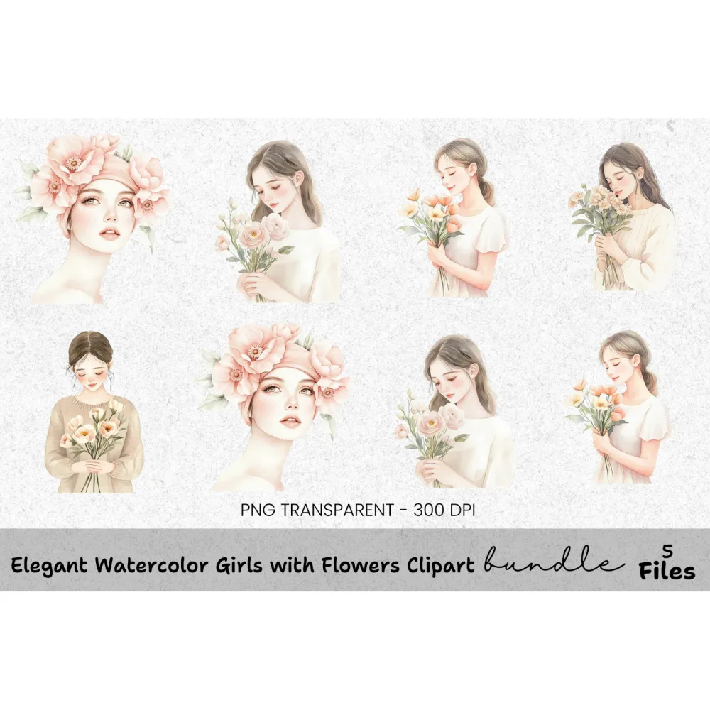 Elegant Girls with Flowers Clipart Bundle