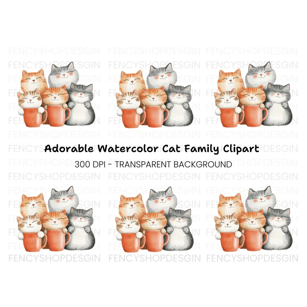 Happy Cats in Mugs Clipart Bundle