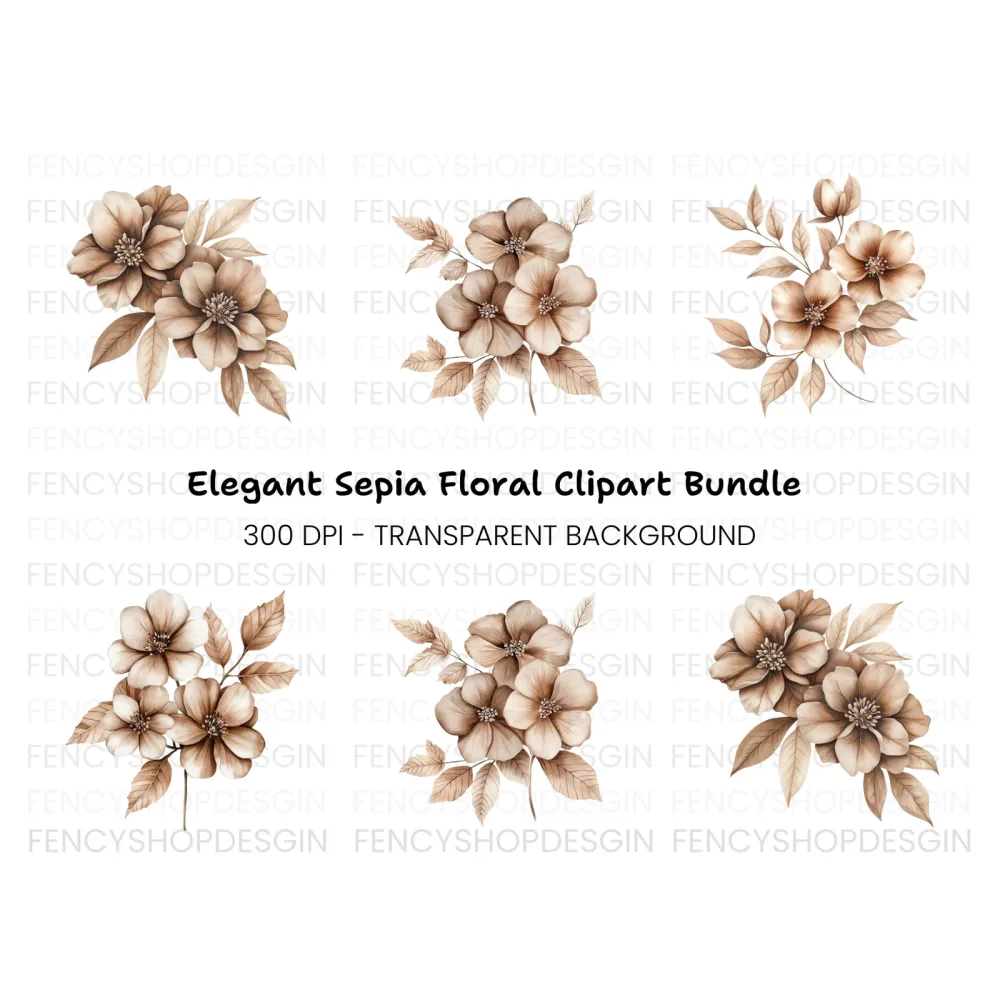 Vintage Brown Flower Clipart Bundle