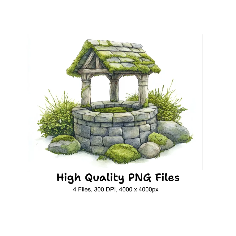 Mossy Stone Wishing Well Clipart Bundle