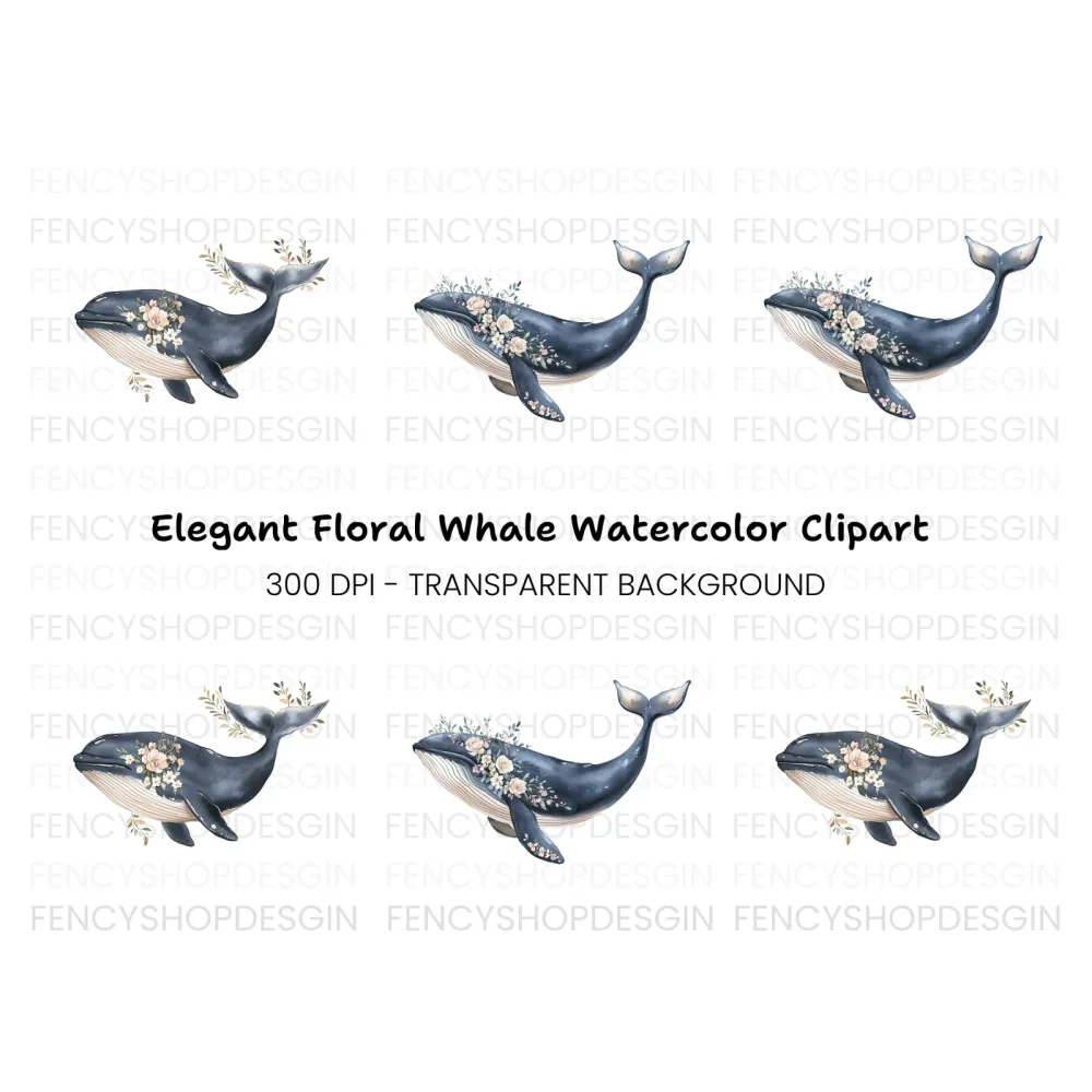 Elegant Floral Whale Clipart Bundle