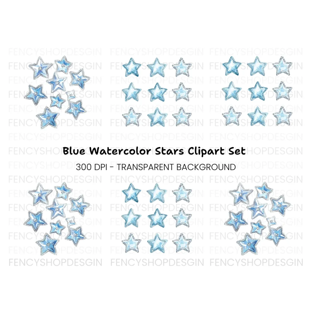 Sparkling Blue Star Gemstone Clipart Bundle